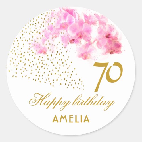 Pink Orchid Watercolor Gold Glitter 70th Birthday Classic Round Sticker