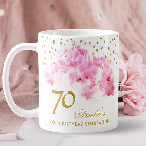 Pink Orchid Watercolor Gold Glitter 70th Birthday Coffee Mug