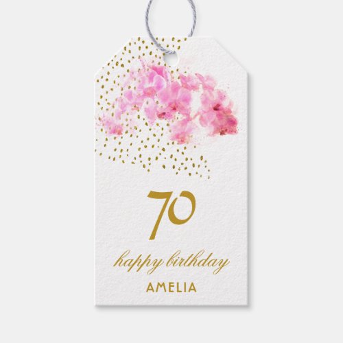 Pink Orchid Watercolor Gold Glitter 70th Birthday Gift Tags