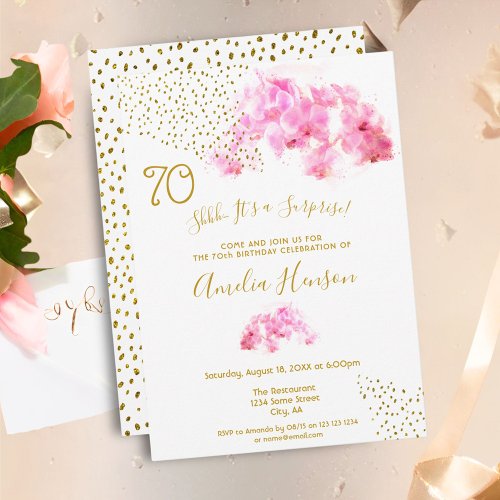 Pink Orchid Watercolor Gold Glitter 70th Birthday Invitation
