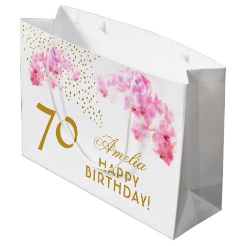 Pink Orchid Watercolor Gold Glitter 70th Birthday Large Gift Bag