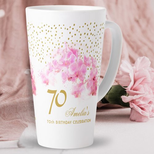 Pink Orchid Watercolor Gold Glitter 70th Birthday Latte Mug