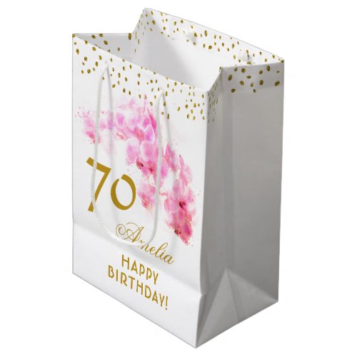 Pink Orchid Watercolor Gold Glitter 70th Birthday Medium Gift Bag