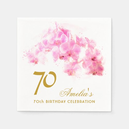 Pink Orchid Watercolor Gold Glitter 70th Birthday Napkins