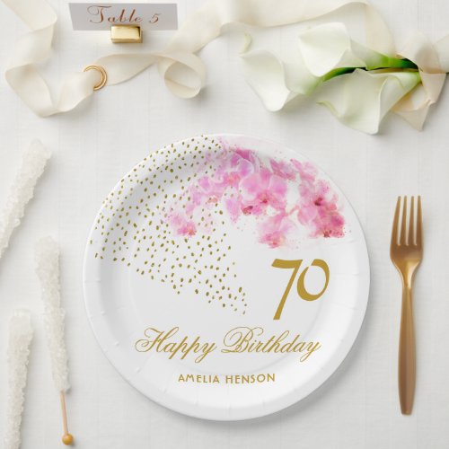 Pink Orchid Watercolor Gold Glitter 70th Birthday Paper Plates