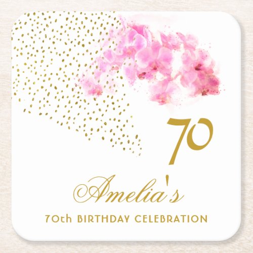 Pink Orchid Watercolor Gold Glitter 70th Birthday Square Paper Coaster