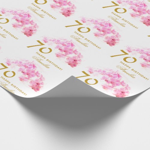 Pink Orchid Watercolor Gold Glitter 70th Birthday Wrapping Paper