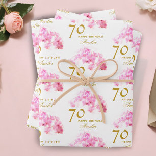 Pink Orchid Watercolor Gold Glitter 70th Birthday Wrapping Paper Sheets
