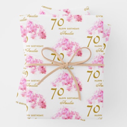 Pink Orchid Watercolor Gold Glitter 70th Birthday Wrapping Paper Sheets