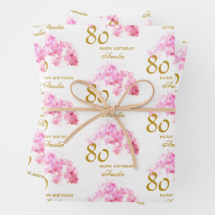 Pink Orchid Watercolor Gold Glitter 80th Birthday Wrapping Paper Sheets