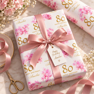 Pink Orchid Watercolor Gold Glitter 80th Birthday Wrapping Paper Sheets