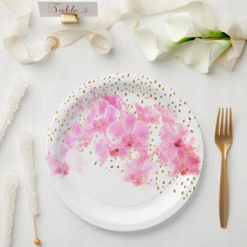 Pink Orchid Watercolor Gold Glitter  Paper Plates