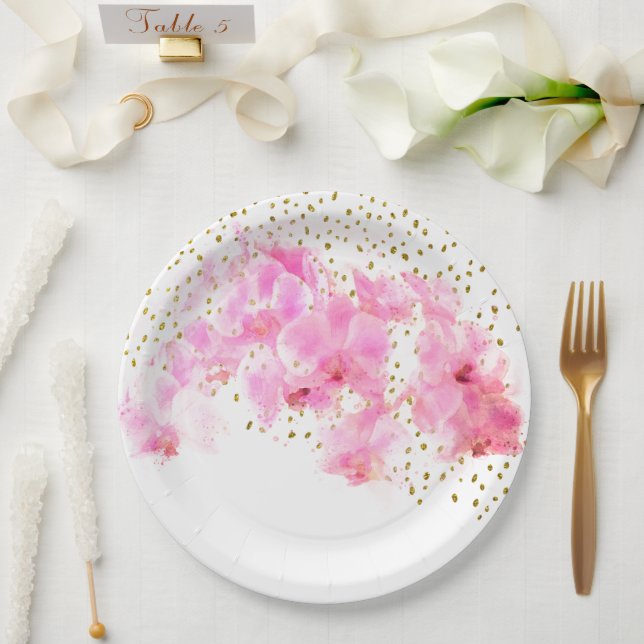 Pink Orchid Watercolor Gold Glitter  Paper Plates (Wedding)