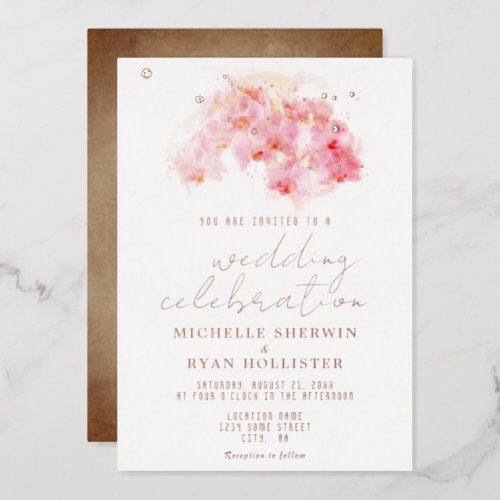 Pink Orchid Watercolor Old Paper Wedding Rose Gold Foil Invitation