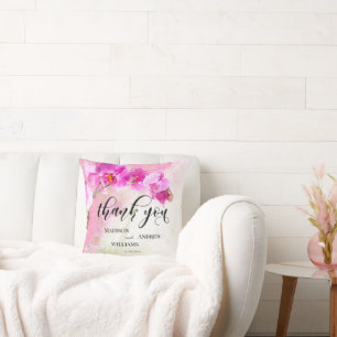 Pink Orchid Watercolor Splash Thank You Throw Pillow