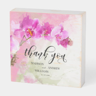 Pink Orchid Watercolor Splash Thank You Wooden Box Sign