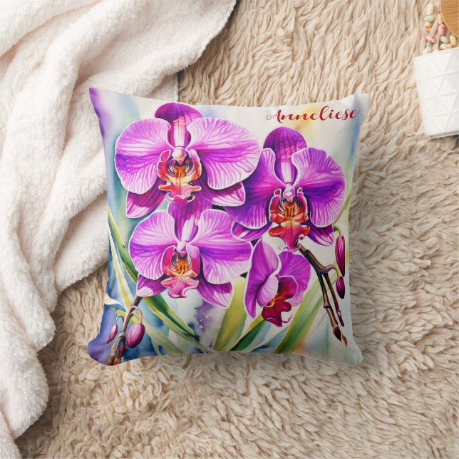 Pink orchid watercolor throw pillow (Blanket)
