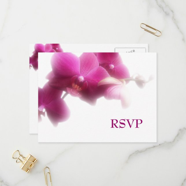 Pink Orchid Wedding RSVP Invitation Postcard (Front/Back In Situ)