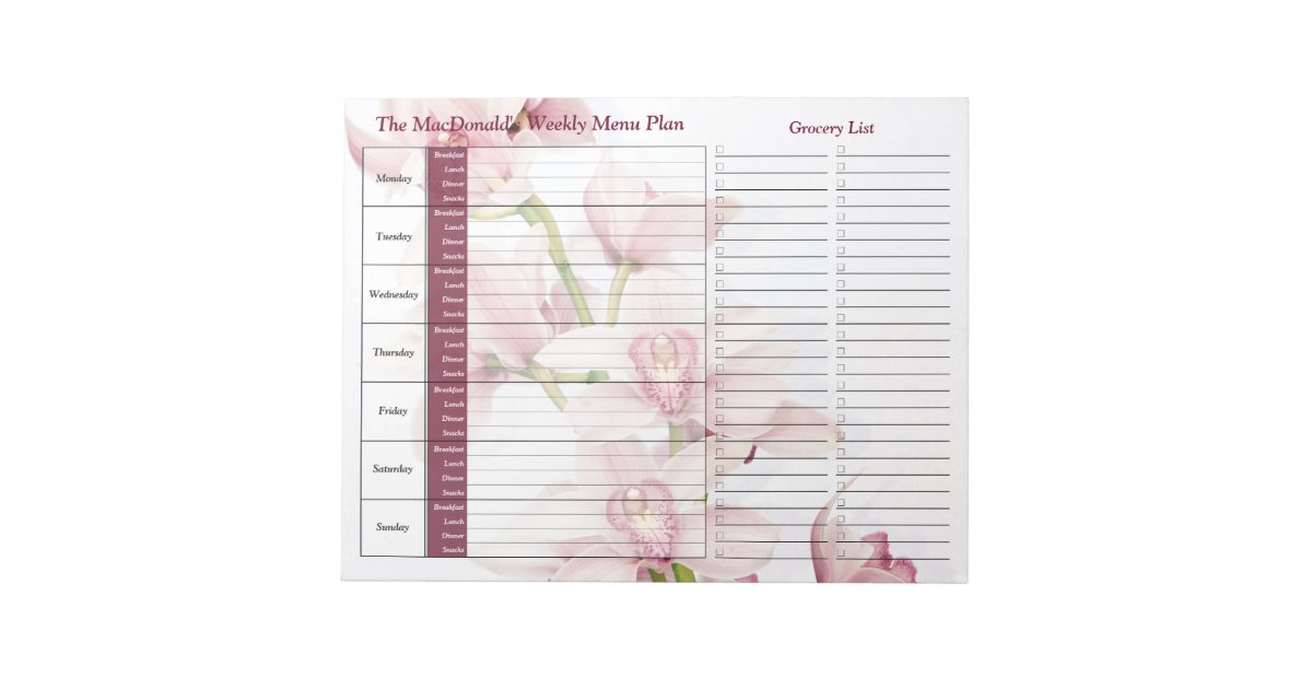 Pink Orchid Weekly Personalized Meal Planner Notepad Zazzle Pink orchid weekly personalized meal planner notepad zazzle