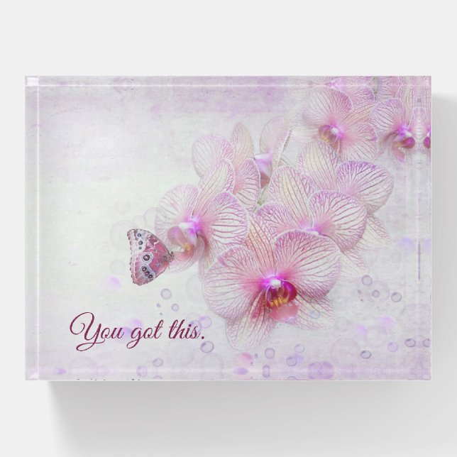 Pink Orchids and Butterfly with Bubbles Paperweight (Front)