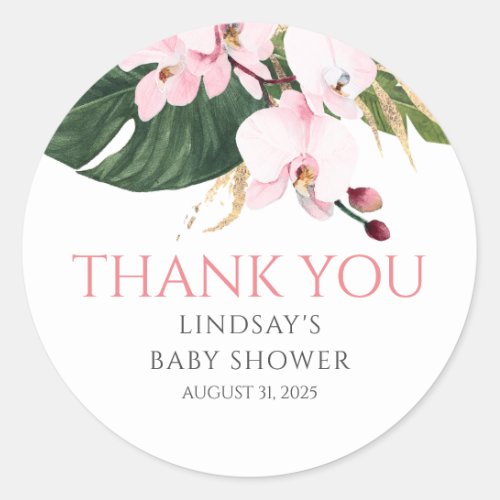 Pink Orchids And Palm Leaves Gold Thank You Classic Round Sticker