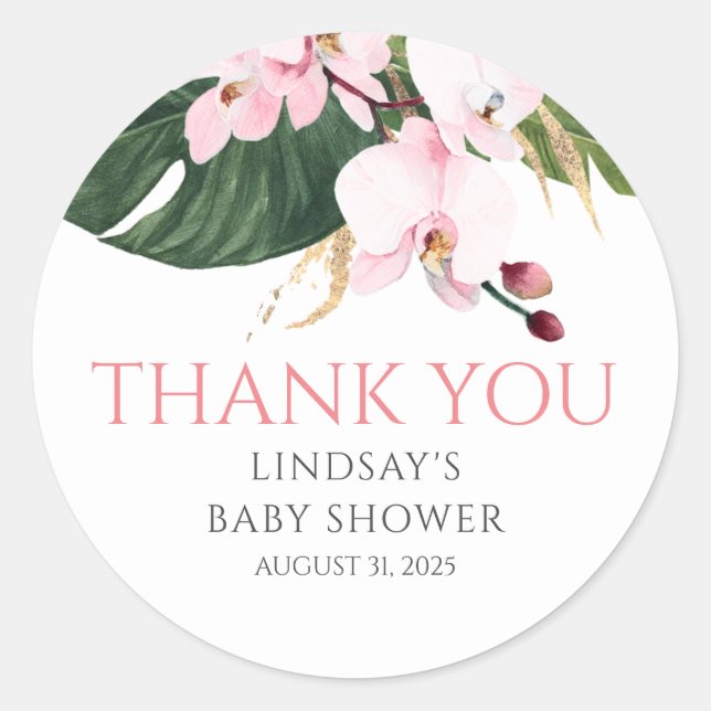 Pink Orchids And Palm Leaves Gold Thank You Classic Round Sticker (Front)