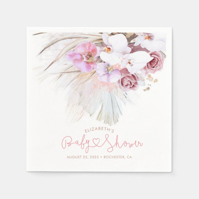 Pink Orchids and Pampas Grass Elegant Boho Napkins (Front)