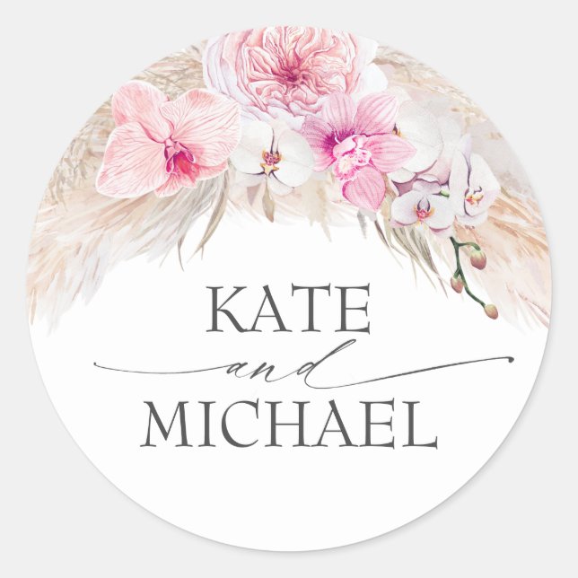 Pink Orchids and Pampas Grass Elegant Modern Classic Round Sticker (Front)