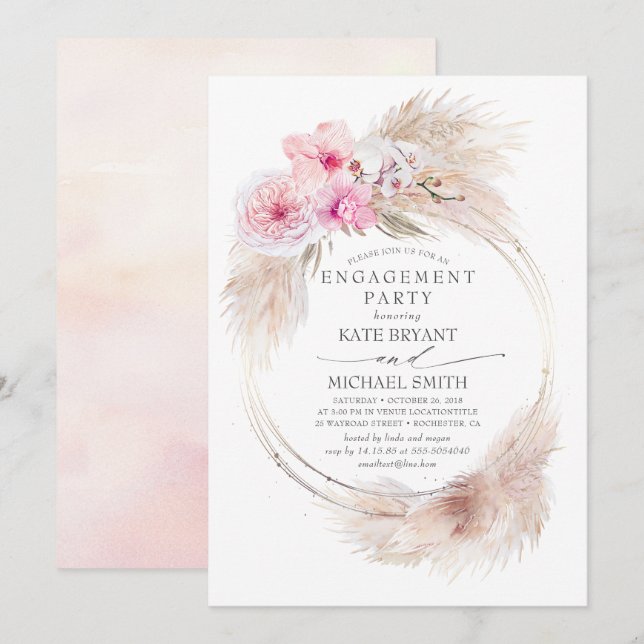 Pink Orchids and Pampas Grass Engagement Party Invitation (Front/Back)