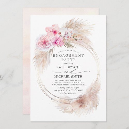 Pink Orchids and Pampas Grass Engagement Party Invitation