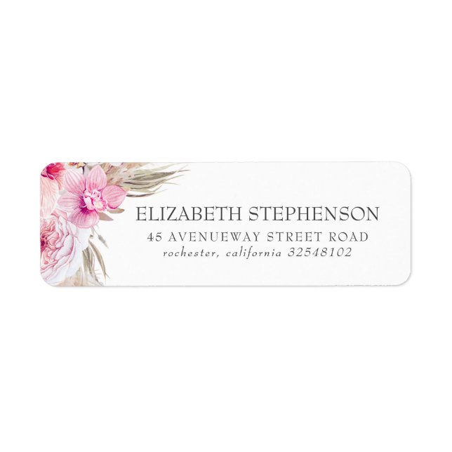 Pink Orchids and Pampas Grass Exotic Tropical Label (Front)