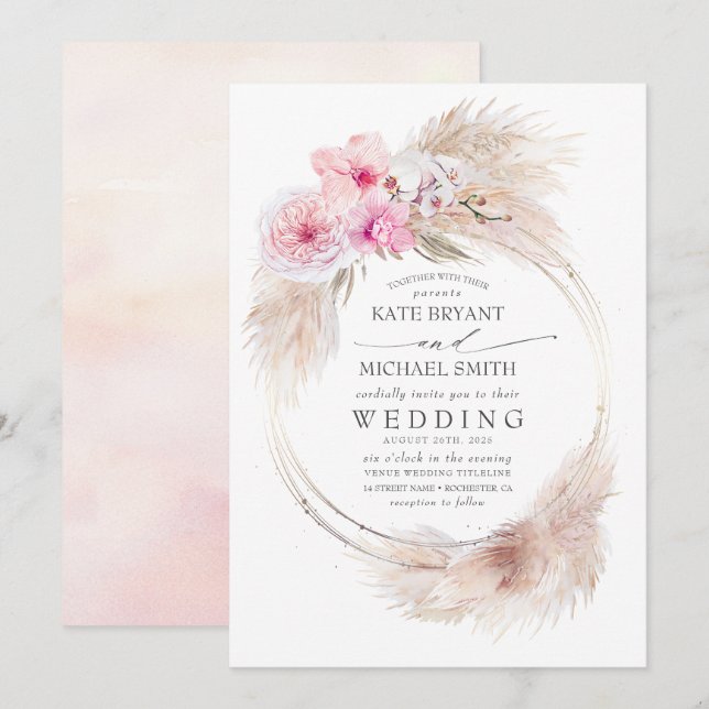 Pink Orchids and Pampas Grass Tropical Wedding Invitation (Front/Back)