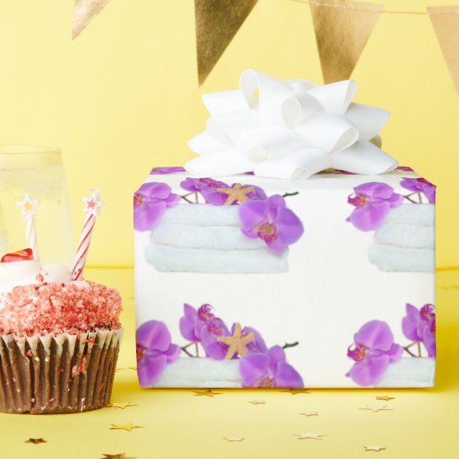 pink orchids and starfish on white towels wrapping paper (Birthday Party)