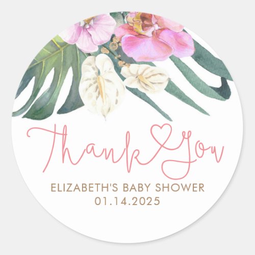 Pink Orchids Anthuriums Tropical Thank You Classic Round Sticker