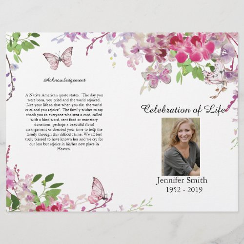 Pink Orchids Butterfly Funeral Program Flyer