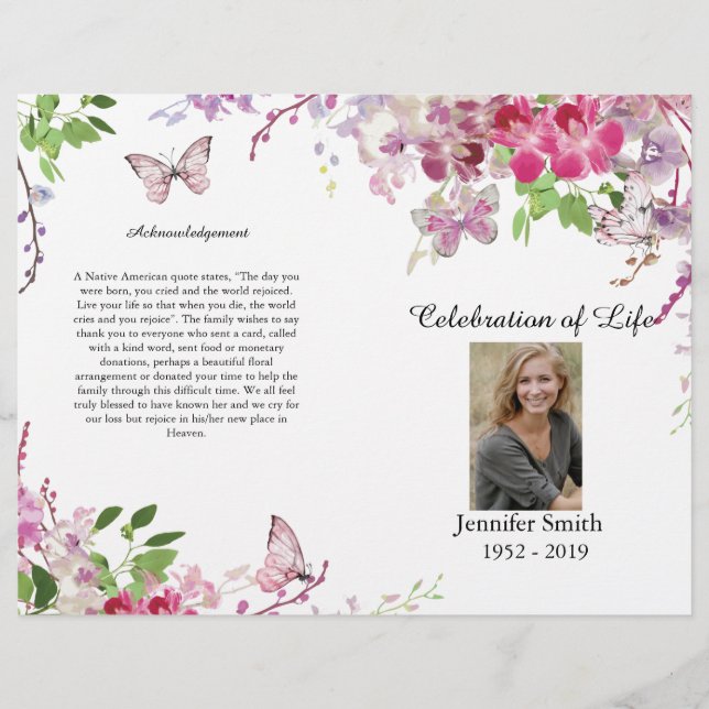 Pink Orchids Butterfly Funeral Program Flyer (Front)