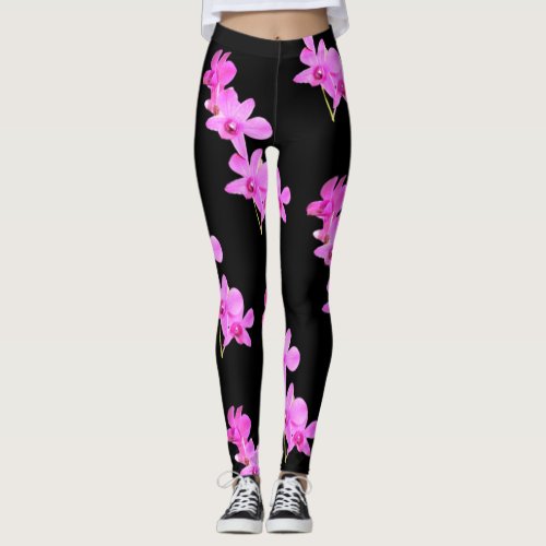 Pink Orchids Floral Yoga Black Legging Spring