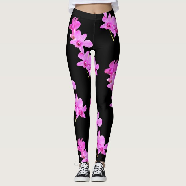 Pink Orchids Floral Yoga Black Legging Spring (Front)