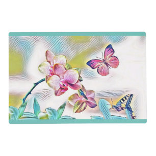 Pink orchids flowers and butterflies placemat