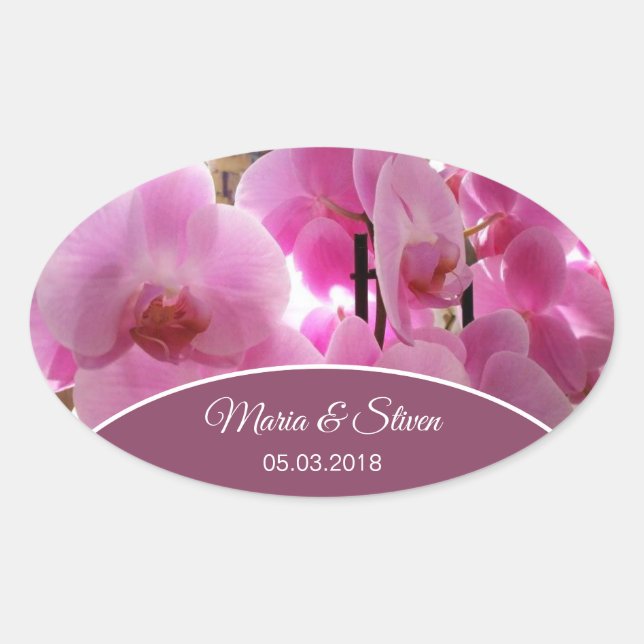Pink Orchids Flowers Oval Sticker (Front)