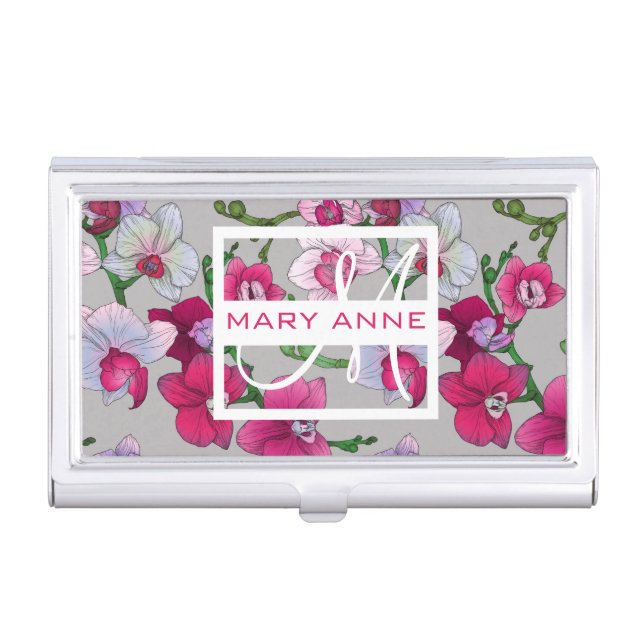 Pink Orchids In Bloom | Add Your Name Business Card Case (Front)