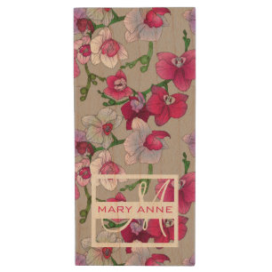 Pink Orchids In Bloom Add Your Name Wood Flash Drive