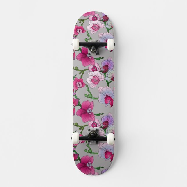 Pink Orchids In Bloom Skateboard Deck (Front)