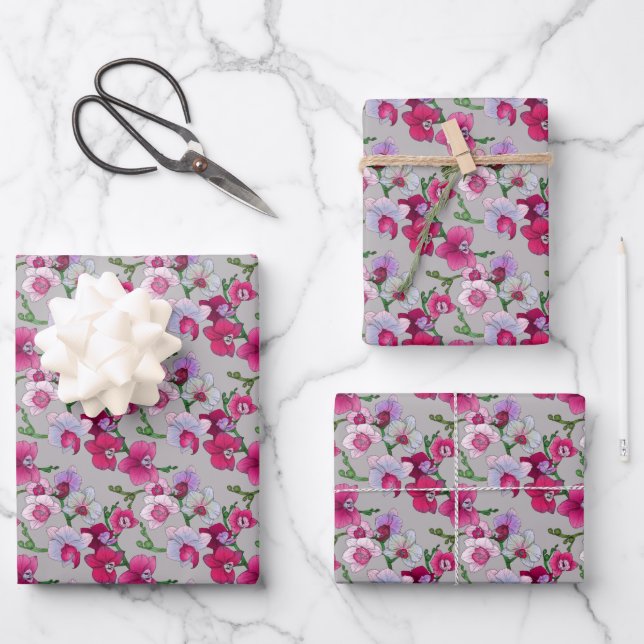 Pink Orchids In Bloom Wrapping Paper Sheets (Front)