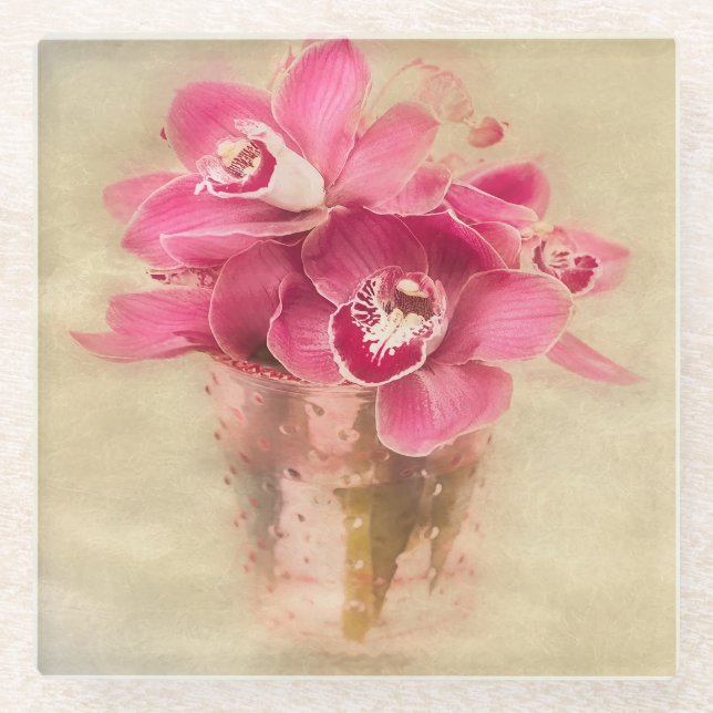 Pink Orchids In Vase Glass Coaster (Front)