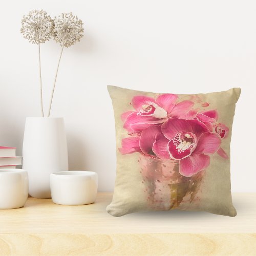 Pink Orchids In Vase Throw Pillow