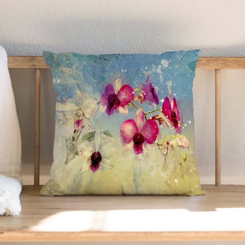 Pink Orchids on an Earthy Abstract Background Throw Pillow