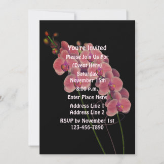 Pink Orchids On Black Floral Party Invitation