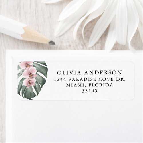 Pink Orchids on Monstera Tropical Floral Label