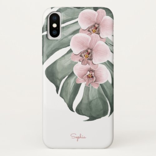 Pink Orchids on Monstera Tropical Floral with Name iPhone X Case